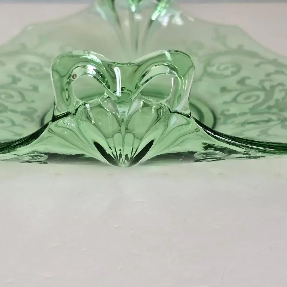 Vintage Fostoria Versailles Bon Bon Dish Green Glass Etched Bow Handle GLOWS